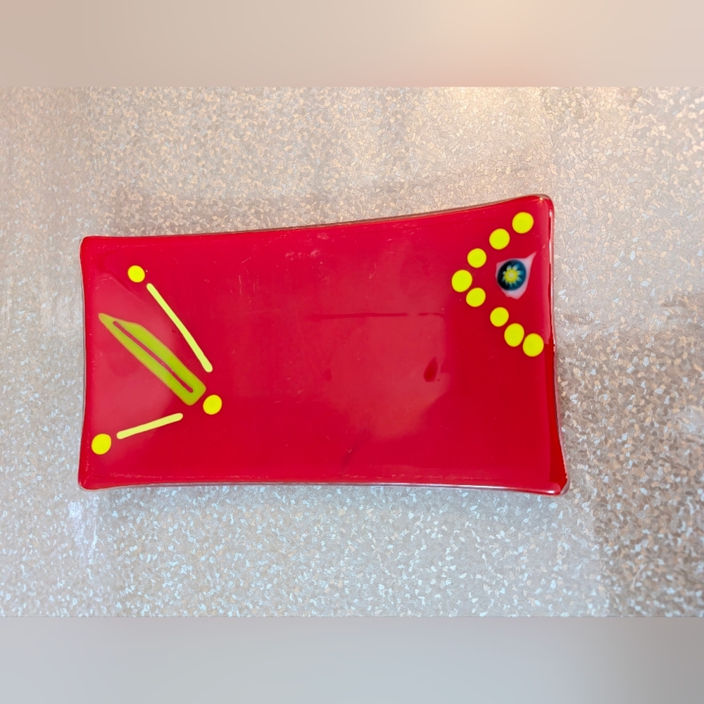 Red Glass Trinket Dish with Yellow Accents